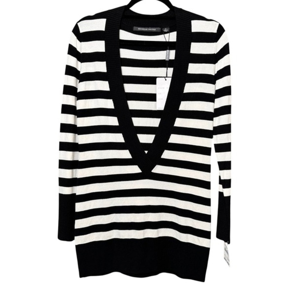 NWT Michelle Nicole Deep V Neck Sweater Women's Black White Striped Long Sleeve‎